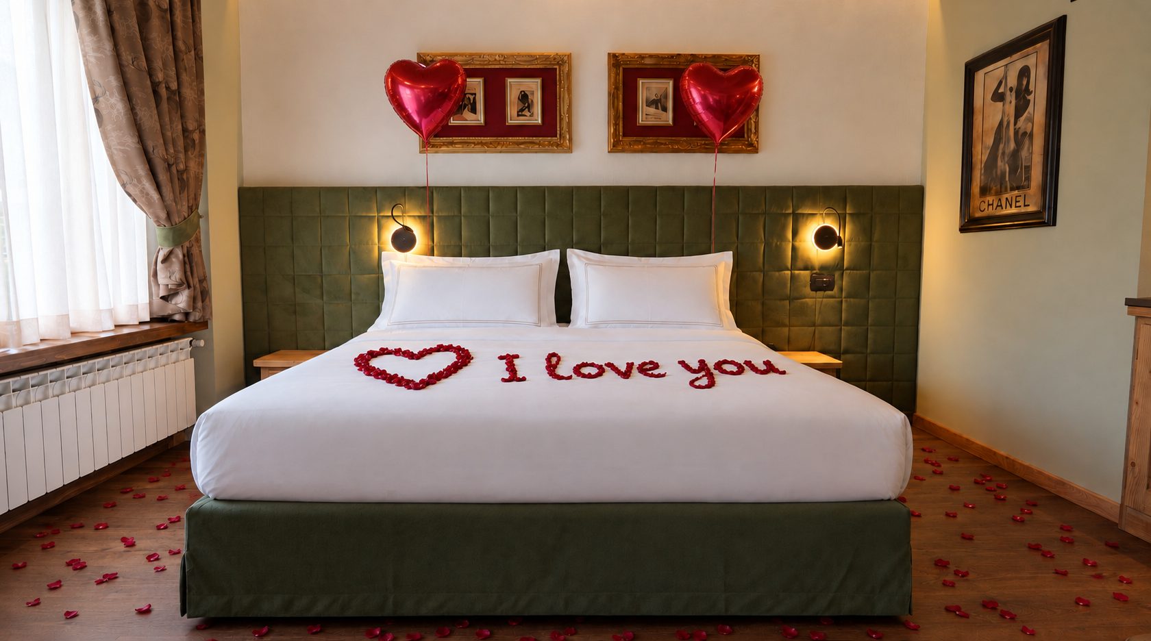 Camera con scritta I love you in petali di rose, palloncini a cuore e champagne