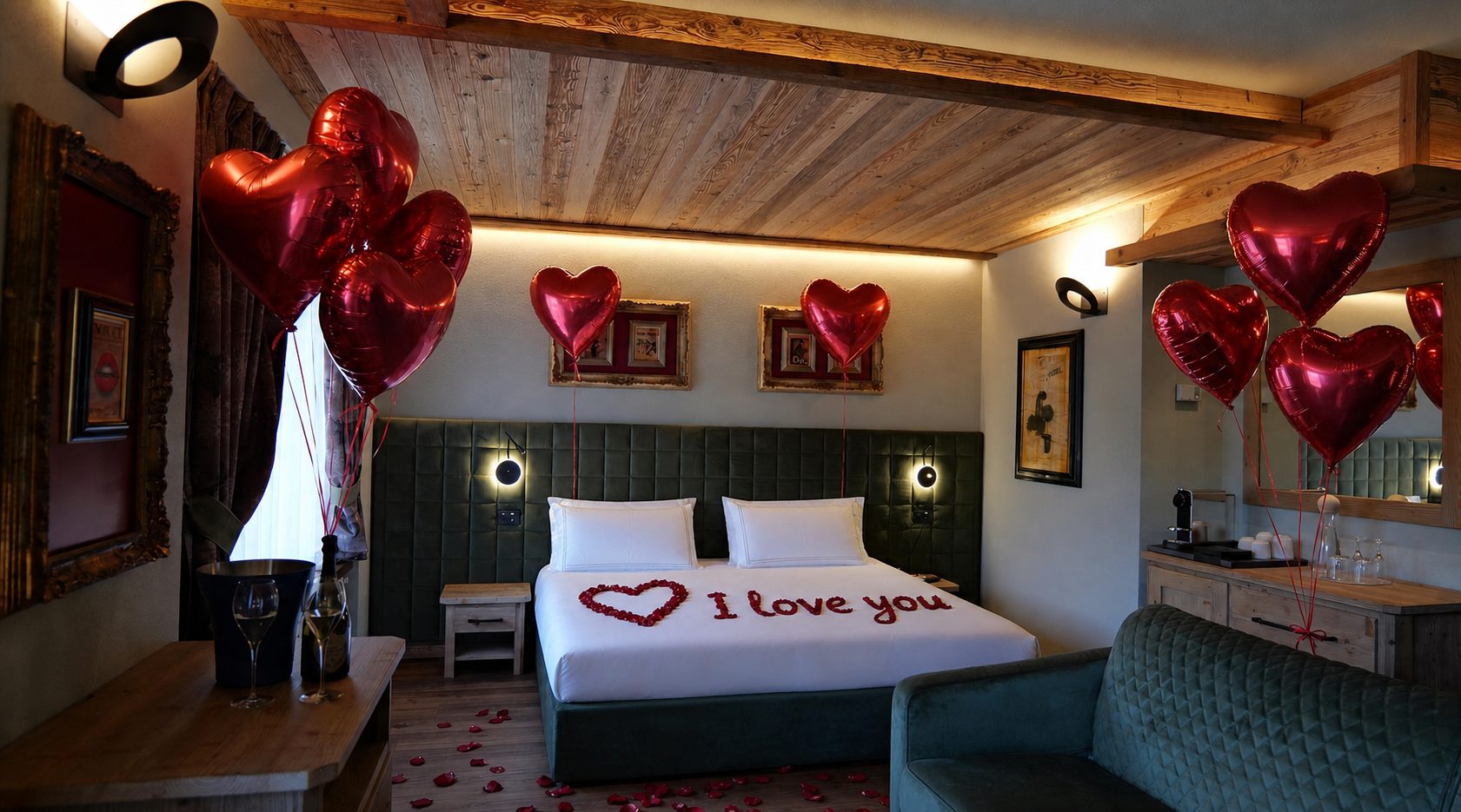 Camera con scritta I love you in petali di rose, palloncini a cuore e champagne