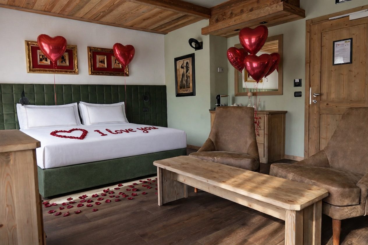 Letto con petali di rose, palloncini a cuore e poltrone in camera
